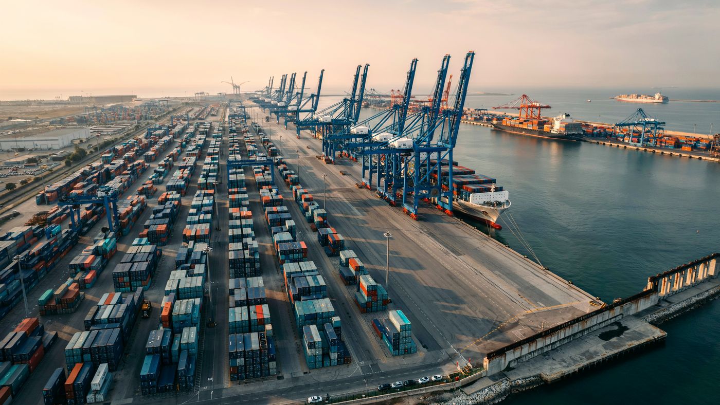 Aerial view of a container terminal at golden hour